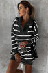 Striped O-Ring Zip Front Collared Drop Shoulder Long Sleeve Sweater Dress